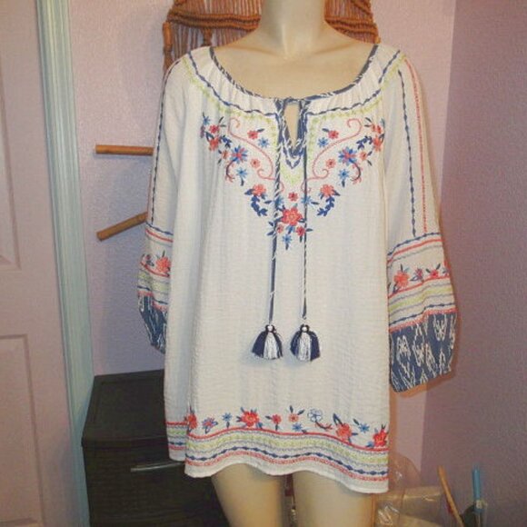 John Mark Tunic Top Size XL Embroidered Textured Peasant Artsy Boho Hippie EUC - Picture 1 of 13